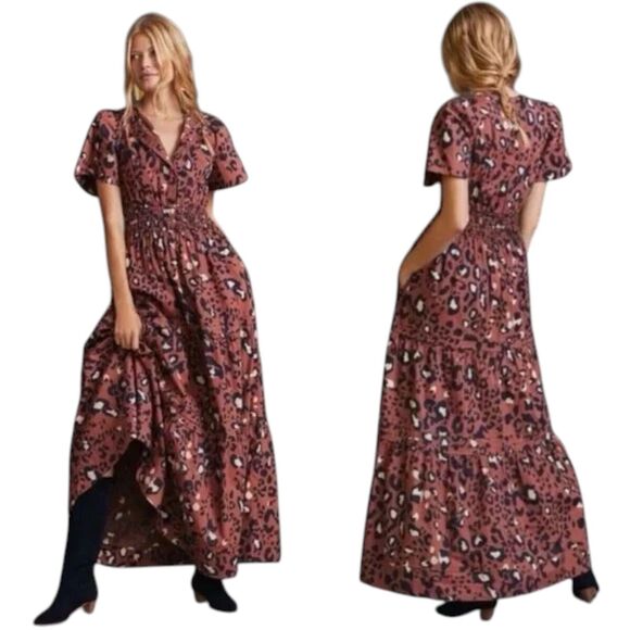 Anthropologie Maeve Somerset Maxi Dress Leopard Print Poplin Size Small Brown - Picture 1 of 16